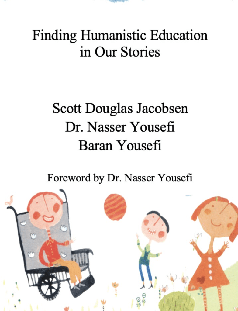 Illustration: Children in a wheelchair and playing with balloons from the book "Finding Humanistic Education in Our Stories".